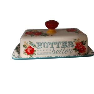 Whimsical Floral Ceramic Pioneer Woman Butter Dish W/Lid & Tray "Butter Makes Ev